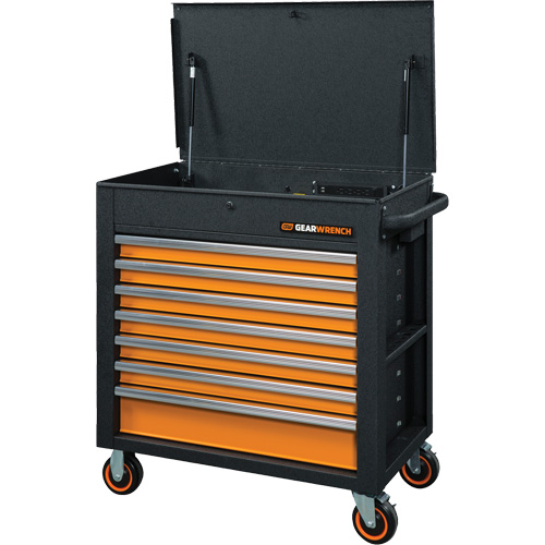 GSX Series Rolling Tool Cart with Tilt Top, 7 Drawers, 35" L x 20" W x 39" H, Black/Orange Industrial Sales