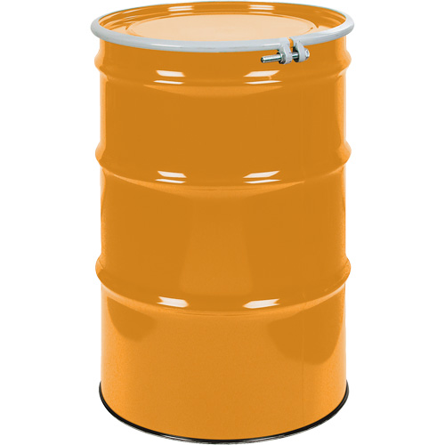Barils en acier, 55 gal. US (45 gal. imp.), Non doubl&eacute;, Orange, Dessus ouvert, UN1A2/Y1.5/150, Calibre 16 Industrial Sales