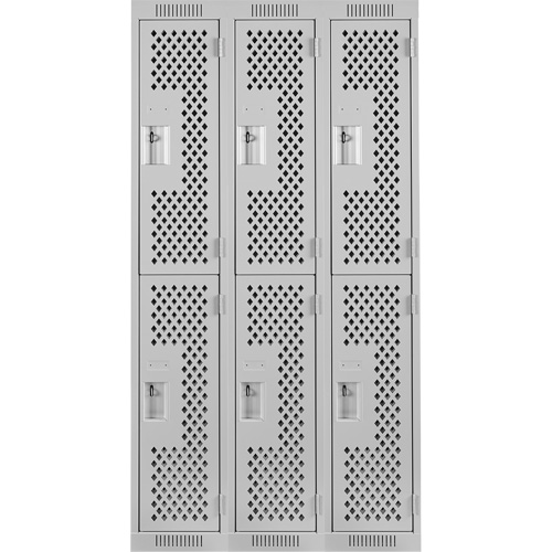 Clean Line Lockers, 2 -tier, Bank of 3, 36" x 15" x 72", Steel, Grey, Rivet (Assembled), Perforated Industrial Sales