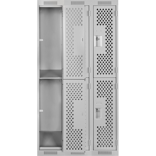 Clean Line Lockers, 2 -tier, Bank of 3, 36" x 15" x 72", Steel, Grey, Rivet (Assembled), Perforated Industrial Sales