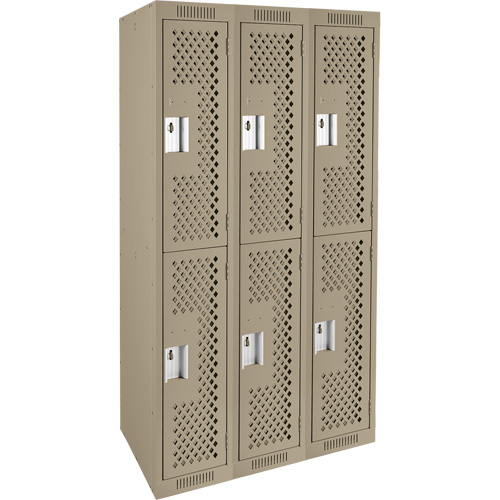 Clean Line Lockers, 2 -tier, Bank of 3, 36" x 15" x 72", Steel, Beige, Rivet (Assembled), Perforated Industrial Sales