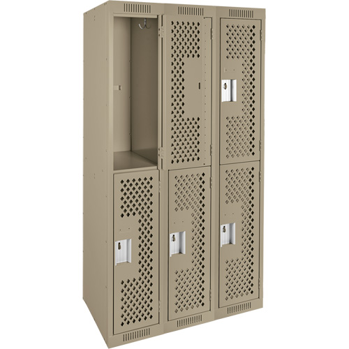 Clean Line Lockers, 2 -tier, Bank of 3, 36" x 15" x 72", Steel, Beige, Rivet (Assembled), Perforated Industrial Sales