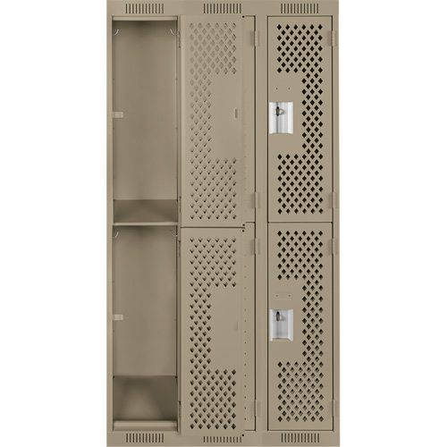 Clean Line Lockers, 2 -tier, Bank of 3, 36" x 15" x 72", Steel, Beige, Rivet (Assembled), Perforated Industrial Sales