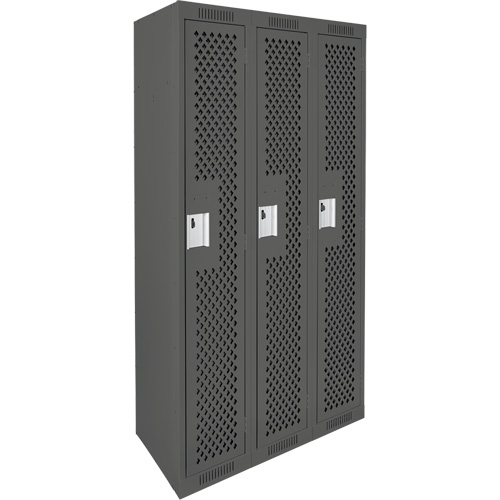 Clean Line Lockers, Bank of 3, 36" x 15" x 72", Steel, Charcoal, Rivet (Assembled), Perforated Industrial Sales