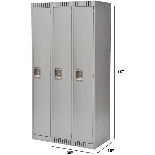 Lockers, Bank of 3, 36" x 18" x 72", Steel, Grey, Knocked Down Industrial Sales