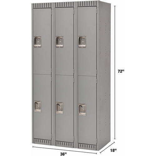 Lockers, 2 -tier, Bank of 3, 36" x 18" x 72", Steel, Grey, Knocked Down Industrial Sales