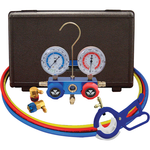 Automotive R134A 2-Way Manifold Gauge Set with 3-In-1 Side Mount Can Tap Valve Industrial Sales