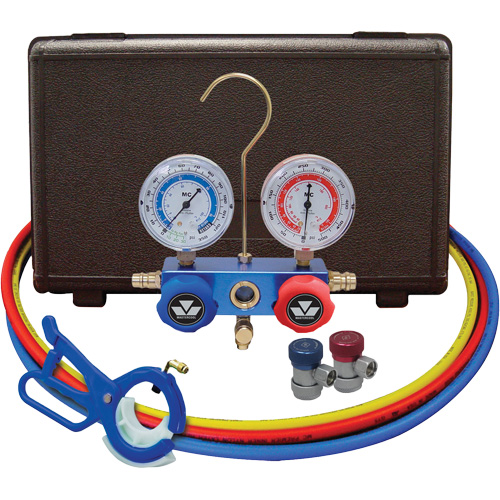 Automotive Manifold Gauge Set with Manual Couplers & 3-in-1 Side Mount Can Tap Valve Industrial Sales