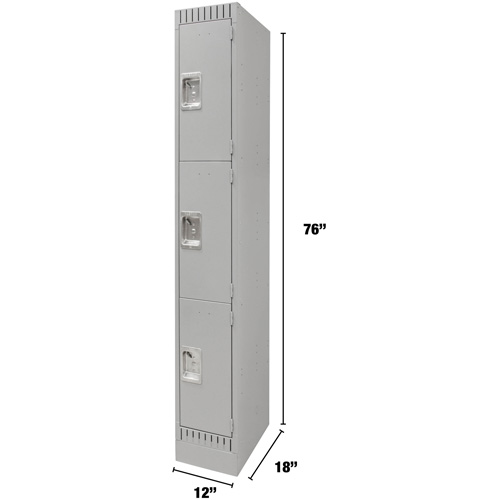 Lockers, 3 -tier, 12" x 18" x 76", Steel, Grey, Knocked Down Industrial Sales