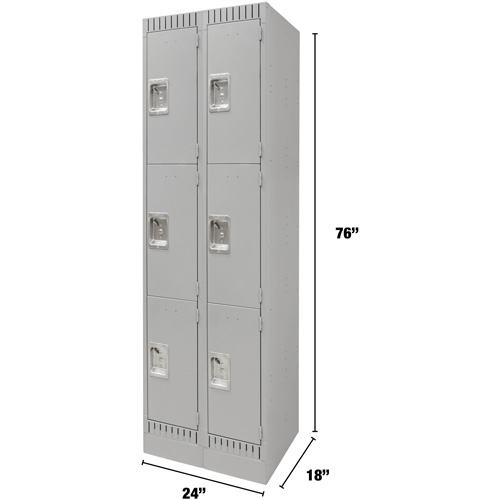 Lockers, 3 -tier, Bank of 2, 24" x 18" x 76", Steel, Grey, Knocked Down Industrial Sales