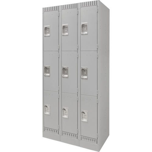 Lockers, 3 -tier, Bank of 3, 36" x 18" x 76", Steel, Grey, Knocked Down Industrial Sales