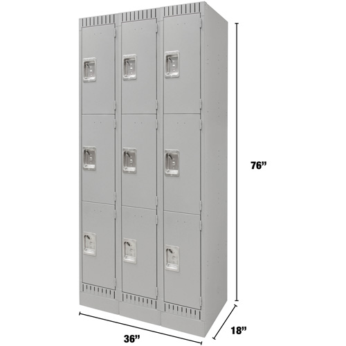 Lockers, 3 -tier, Bank of 3, 36" x 18" x 76", Steel, Grey, Knocked Down Industrial Sales
