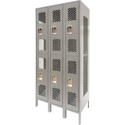 Casiers ventil&eacute;s, 2 niveaux, Bloc de 3, 36" x 18" x 78", Acier, Gris, D&eacute;mont&eacute;, Perfor&eacute; Industrial Sales