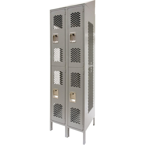 Vented Lockers, 2 -tier, Bank of 2, 24" x 18" x 88", Steel, Grey, Knocked Down, Perforated Industrial Sales