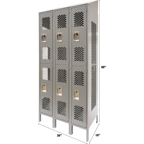 Vented Lockers, 2 -tier, Bank of 3, 36" x 18" x 88", Steel, Grey, Knocked Down, Perforated Industrial Sales