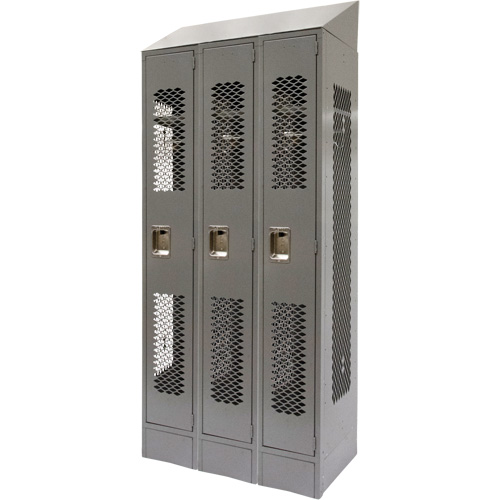Vented Lockers, Bank of 3, 36" x 18" x 88", Steel, Grey, Knocked Down, Perforated Industrial Sales