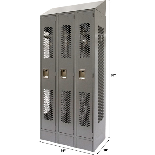 Vented Lockers, Bank of 3, 36" x 18" x 88", Steel, Grey, Knocked Down, Perforated Industrial Sales