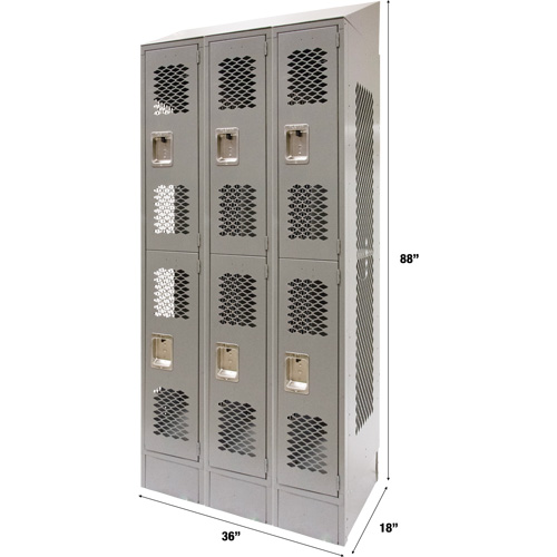 Casiers ventil&eacute;s, 2 niveaux, Bloc de 3, 36" x 18" x 88", Acier, Gris, D&eacute;mont&eacute;, Perfor&eacute; Industrial Sales