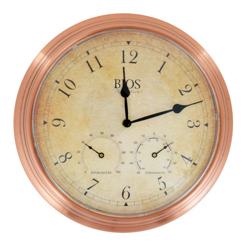 3-in-1 Outdoor Clock, Analog, Battery Operated, 14" Dia., Brown Industrial Sales