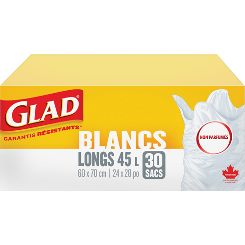 Tall 45L Unscented Garbage Bags, Regular, 24" W x 28" L, White Industrial Sales