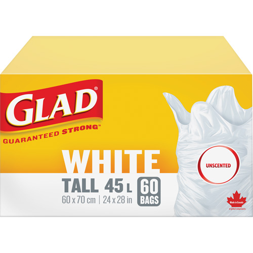 Tall 45L Unscented Garbage Bags, Regular, 24" W x 28" L, White Industrial Sales