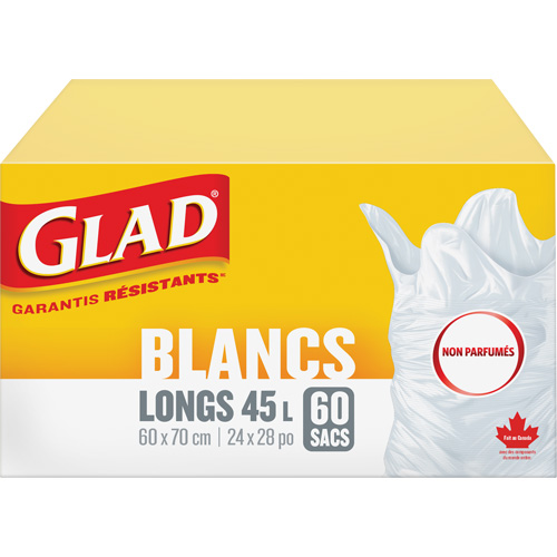 Tall 45L Unscented Garbage Bags, Regular, 24" W x 28" L, White Industrial Sales