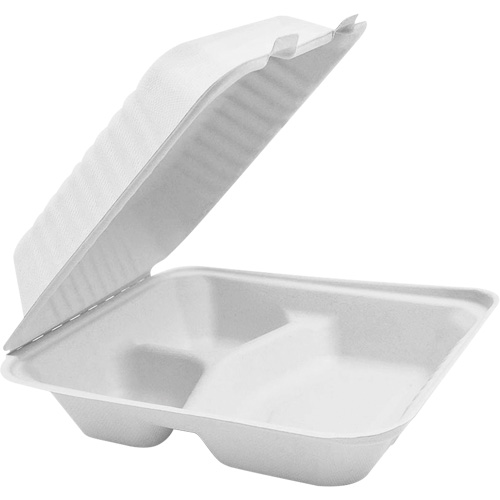Contenants &agrave; charni&egrave;re pour nourriture compostable avec compartiments, Bagasse, Carr&eacute;e Industrial Sales