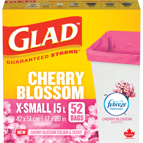 Glad&reg; Cherry Blossom Coloured & Scented Bags, Strong, 17" W x 20" L, Pink, 15 L (3.96 Gal.) Capacity Industrial Sales