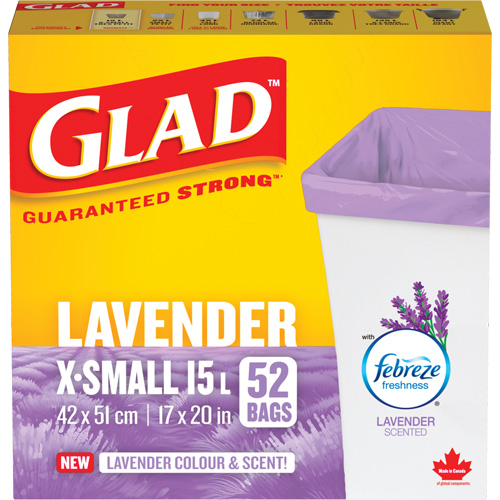 Sacs parfum&eacute;s et de couleur lavande de Glad, Fort, 17" la x 20" lo, Mauve, Capacit&eacute; 15 L (3,96 gal) Industrial Sales