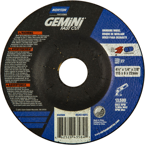 Grinding Wheel, 4-1/2" x 1/4", 7/8" Arbor, Aluminum Oxide, Type 27 Industrial Sales