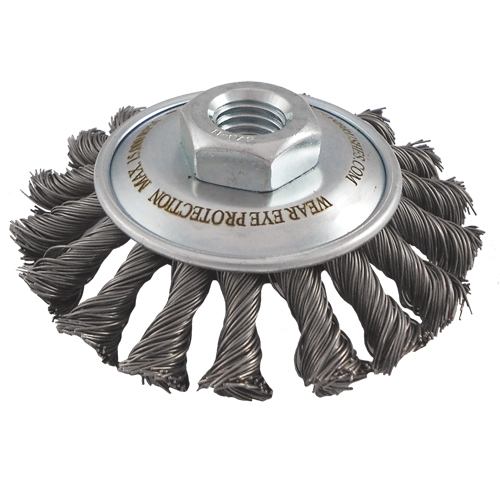 Brosses soucoupes &agrave; fils nou&eacute;s, Dia. 5", Fils 0,02", Arbre 5/8"-11, Acier Industrial Sales