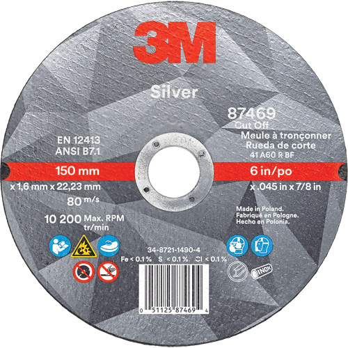 Silver Cut-Off Wheel, 6" x 0.045", 7/8" Arbor, Type 1, Ceramic, 10200 RPM Industrial Sales