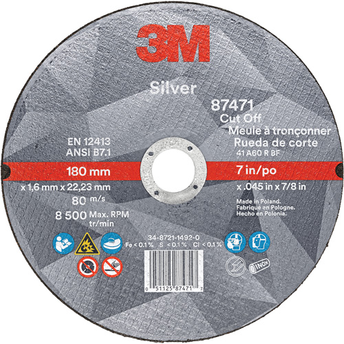 Silver Cut-Off Wheel, 7" x 0.045", 7/8" Arbor, Type 1, Ceramic, 8500 RPM Industrial Sales
