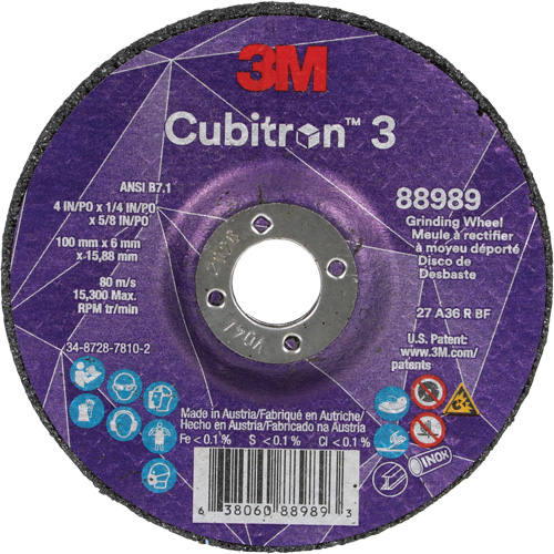 Cubitron 3 Depressed Centre Grinding Wheel, 4" x 1/4", 5/8" Arbor, Ceramic, Type T27 Industrial Sales