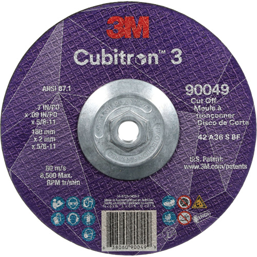 Cubitron 3 Cut-Off Wheel, 7" x 0.09", 5/8"-11 Arbor, Type T27, Ceramic, 8500 RPM Industrial Sales