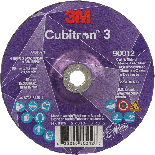 Meule &agrave; rectifier et &agrave; tronçonner Cubitron 3, 4" x 5/32", Arbre de 3/8", Type 27, Grain de 36, C&eacute;ramique Industrial Sales