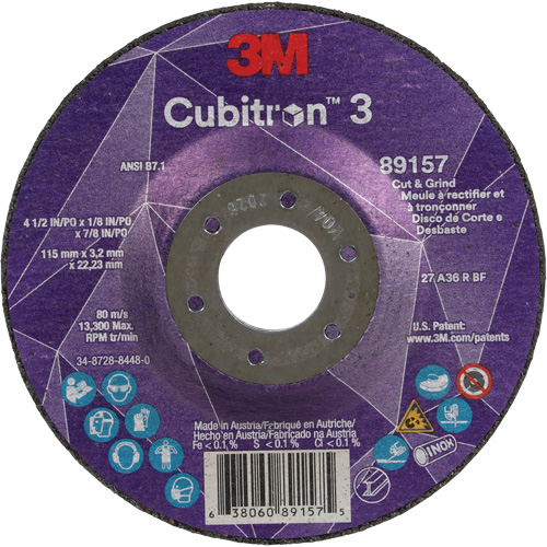 Meule &agrave; rectifier et &agrave; tronçonner Cubitron 3, 4-1/2" x 1/8", Arbre de 7/8", Type 27, Grain de 36, C&eacute;ramique Industrial Sales