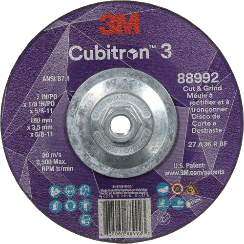 Meule &agrave; rectifier et &agrave; tronçonner Cubitron 3, 7" x 1/8", Arbre de 5/8"-11, Type 27, Grain de 36, C&eacute;ramique Industrial Sales
