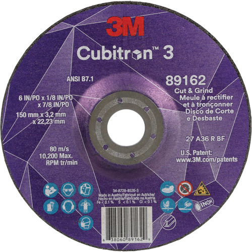 Cubitron 3 Cut and Grind Wheel, 6" x 1/8", 7/8" Arbor, Type 27, 36 Grit, Ceramic Industrial Sales