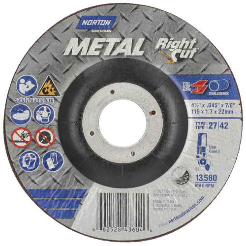 Meule &agrave; tronçonner m&eacute;tallique pour coupe &agrave; angle droit RightCut, 4-1/2" x 0,045", Arbre de 7/8", Type 27, Oxyde d'aluminium, 13580 Tr/min Industrial Sales