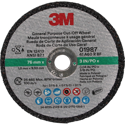 General Purpose Cut-Off Wheel, 01987, 3" x 0.04"/1/32", 3/8" Arbor, Aluminum Oxide Industrial Sales