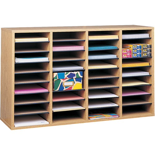 Adjustable Compartment Literature Organizer, Stationary, 36 Slots, Wood, 39-1/4" W x 11-3/4" D x 24" H Industrial Sales