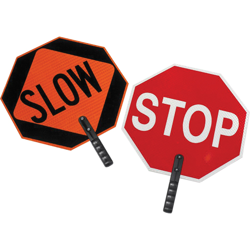 Panneau de signalisation &agrave; deux c&ocirc;t&eacute;s  Stop/Slow , Plastique, Boulonn&eacute; Industrial Sales