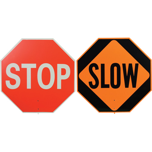 Panneau de signalisation &agrave; deux c&ocirc;t&eacute;s  Stop/Slow , Plastique, Boulonn&eacute; Industrial Sales