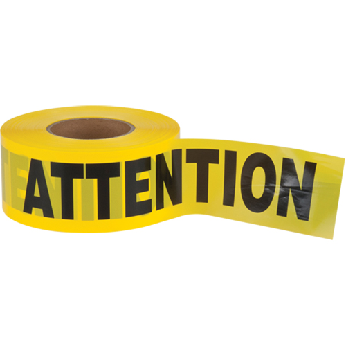 "Attention" Barricade Tape, Bilingual, 3" W x 1000' L, 2 mils, Black on Yellow Industrial Sales