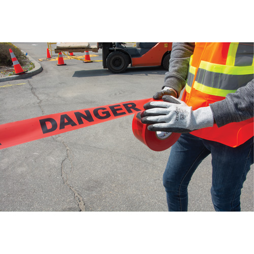 "Danger" Barricade Tape, Bilingual, 3" W x 1000' L, 1.5 mils, Black on Red Industrial Sales