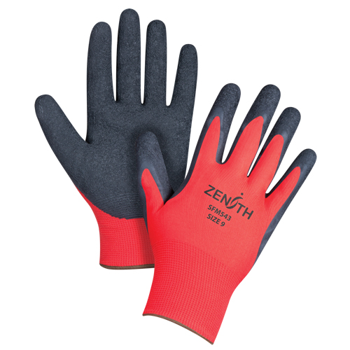 Gants enduits &agrave; prise cr&ecirc;p&eacute;e noir & rouge, 9/Grand, R&ecirc;vetement Latex de caoutchouc, Calibre 13, Enveloppe en Polyester Industrial Sales