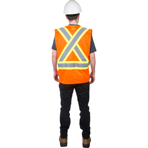 Traffic Safety Vest, High Visibility Orange, Medium, Polyester Industrial Sales