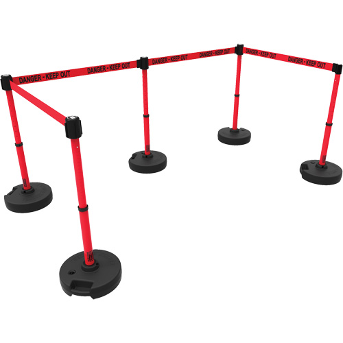PLUS Barrier Post Set X5, Plastic, 42" H, Red Tape, 15' Tape Length Industrial Sales