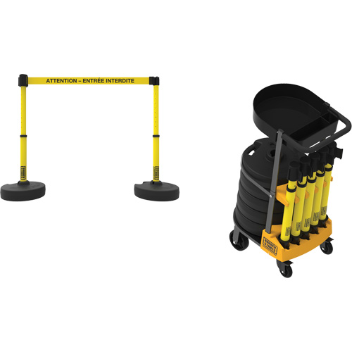 Syst&egrave;me de barri&egrave;re &agrave; chariot portatif avec plateau Plus, 75' lo, M&eacute;tal/Plastique, Jaune Industrial Sales